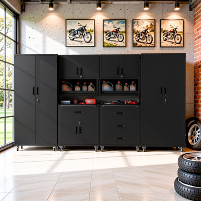 Ensemble de rangement pour garage 6 pièces : armoires métalliques à roulettes, 2 armoires murales, 2 armoires à roulettes, 2 armoires hautes perforées et un coffre à outils verrouillable.