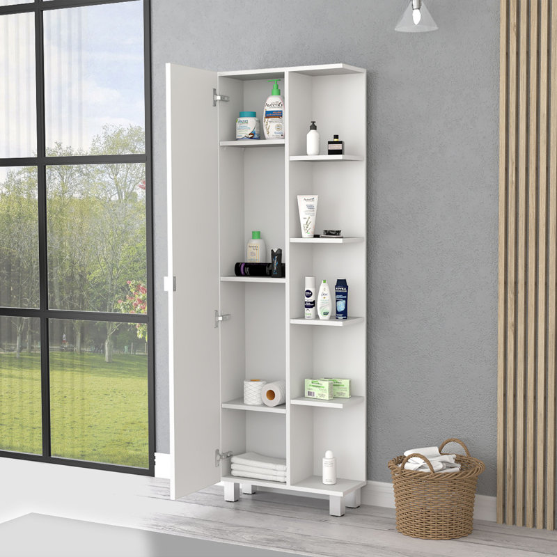 Los Angeles Linen  Cabinet, Five Shelves, One Cabinet, Divisions, White, 62.2" H x 20.1" W x 8.4" D