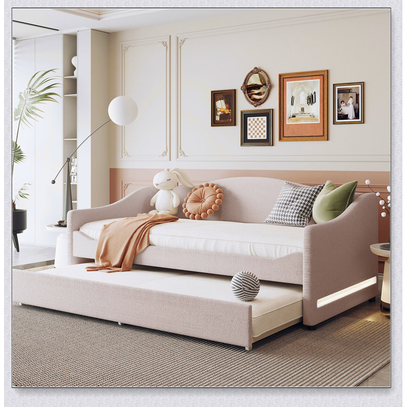 Upholstered Daybed With Light And Trundle, Beige, Twin
