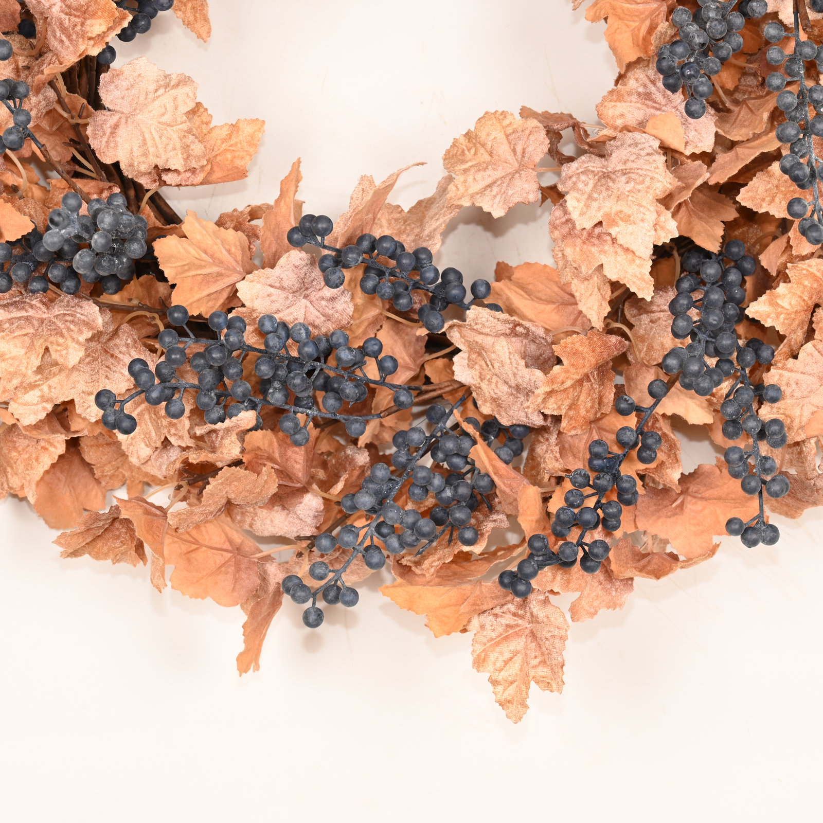 26" Artificial Farmhouse Thanksgiving Day Harvest Blossom Cluster Maple Leaf Berry Fall Wreath For Front Door, Blue