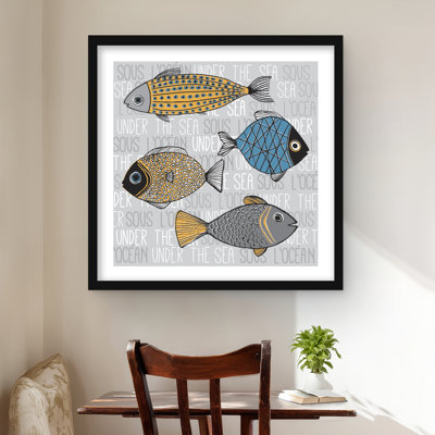 Fishes' Illustration - Gray Bedroom Framed Print for Decor