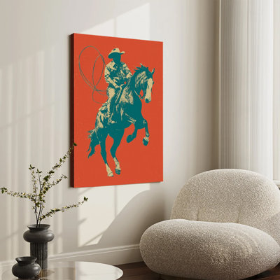 Impression sur toile tendue, style rétro, représentant un cowboy à cheval avec un lasso, idéale pour le salon ou la chambre.
