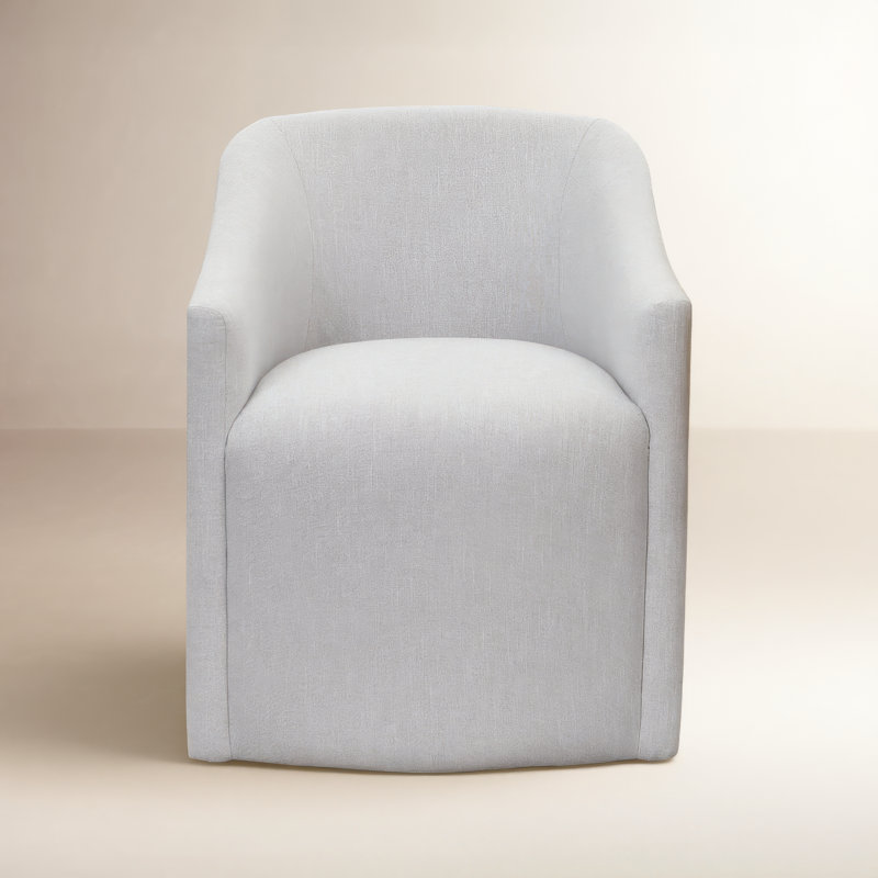  25" Wide Modern No Assembly Linen Barrel Back Upholstered Dining Armchair with Interchangeable Casters & Fixed Feet (Set of 2)