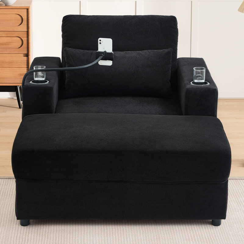 Fauteuil moderne avec deux ports, deux porte-gobelets, poches latérales, siège de rangement noir confortable, support de téléphone intégré, conception compacte