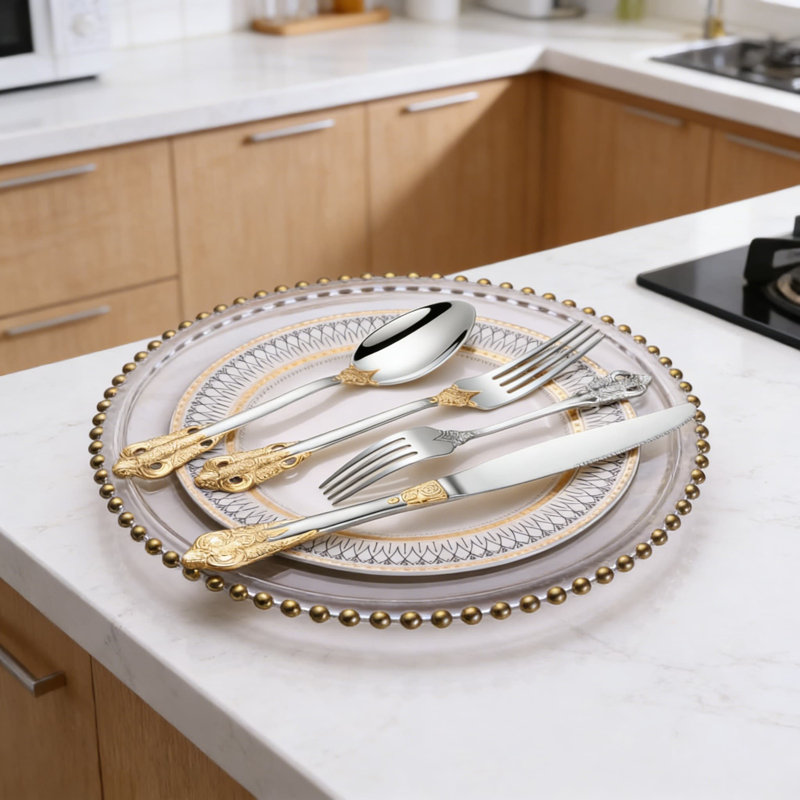 Ensemble de couverts de luxe 30 pièces, couverts en acier inoxydable royal avec accents dorés, vaisselle pour 6, Doré