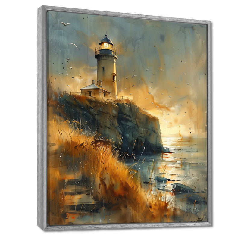 Gris, gris, orage, phare, falaise, été, phare, art mural, salon, Encadrement argenté, H 12 po x l 20 po