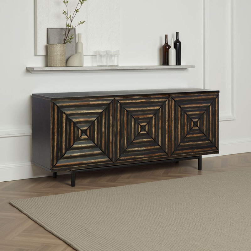 Sideboard Cabinet Console, 72 Inch, 3 Wood W Geometric Inlay, Black
