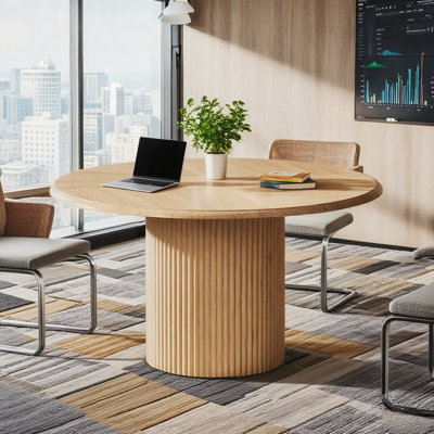 47" Round Conference Table with Sturdy Fluted Metal Base, Meeting Room Table for 4 by Inbox Zero