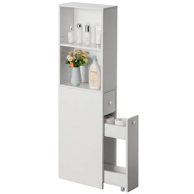 Ezrie Narrow & Slim White Bathroom Storage Cabinet - with Storage Drawer and Adjustable Shelf