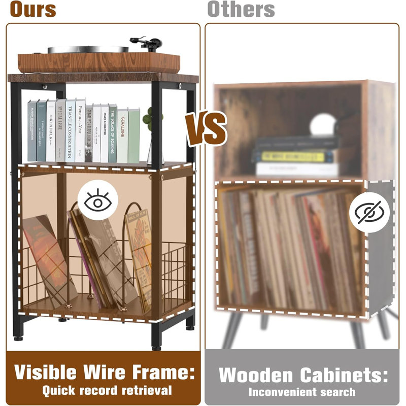 3-Tier Record Player Stand With Vinyl Storage Basket, Turntable Table For Up To 100 Albums, Multi-Functional End Side Table For Living Room, Bedroom, Office
