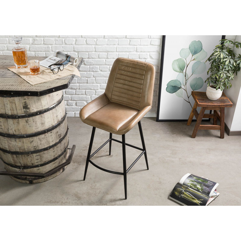 Iron Label Upholstered Counter Stool with Metal Frame, Beige 