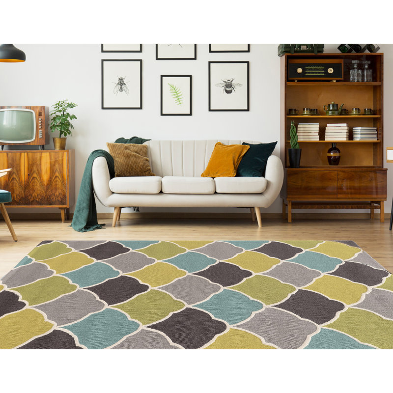 Tapis bleu / vert / brun touffeté à la main Marisela, Rectangle 8 pi x 10 pi