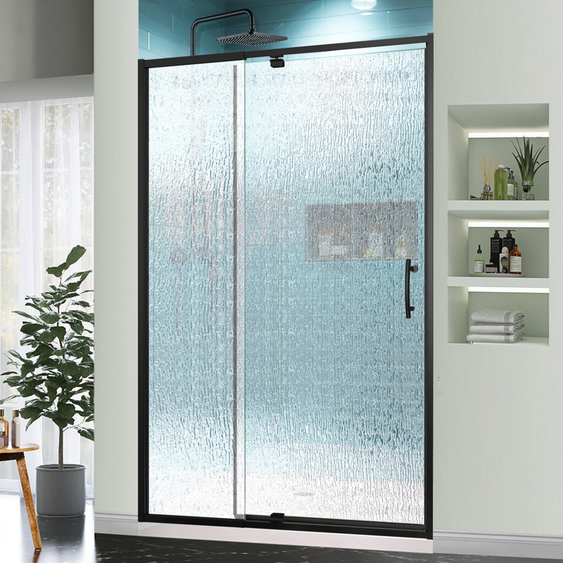 Porte de douche coulissante semi-sans cadre avec verre trempé de 44 à 48 po x H 71 po, Noir mat, Pluie