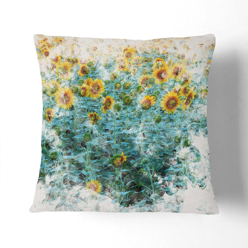 Sunflowers Soon to Bloom Watercolour Cushion with Filling, 40cm H x 40cm W x 15cm D, Black