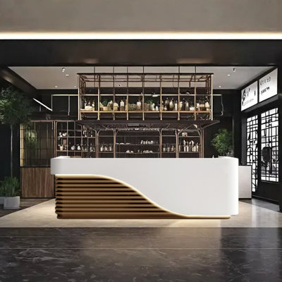 102.36" Bar Counter Front Desk with Wine Storage, Lockable Drawers, and Dual Function by KPXU Bar Counter