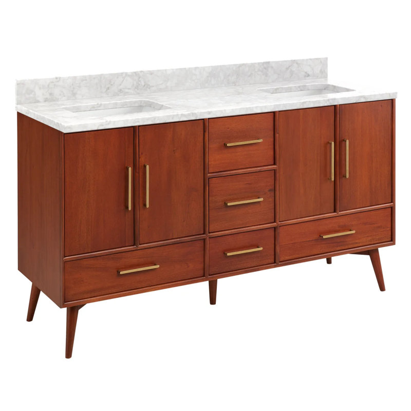 60" Novak Double Bathroom Vanity Set with Rectangular Undermount Sinks, No Faucet Hole, Carrara Marble, Natural Teak