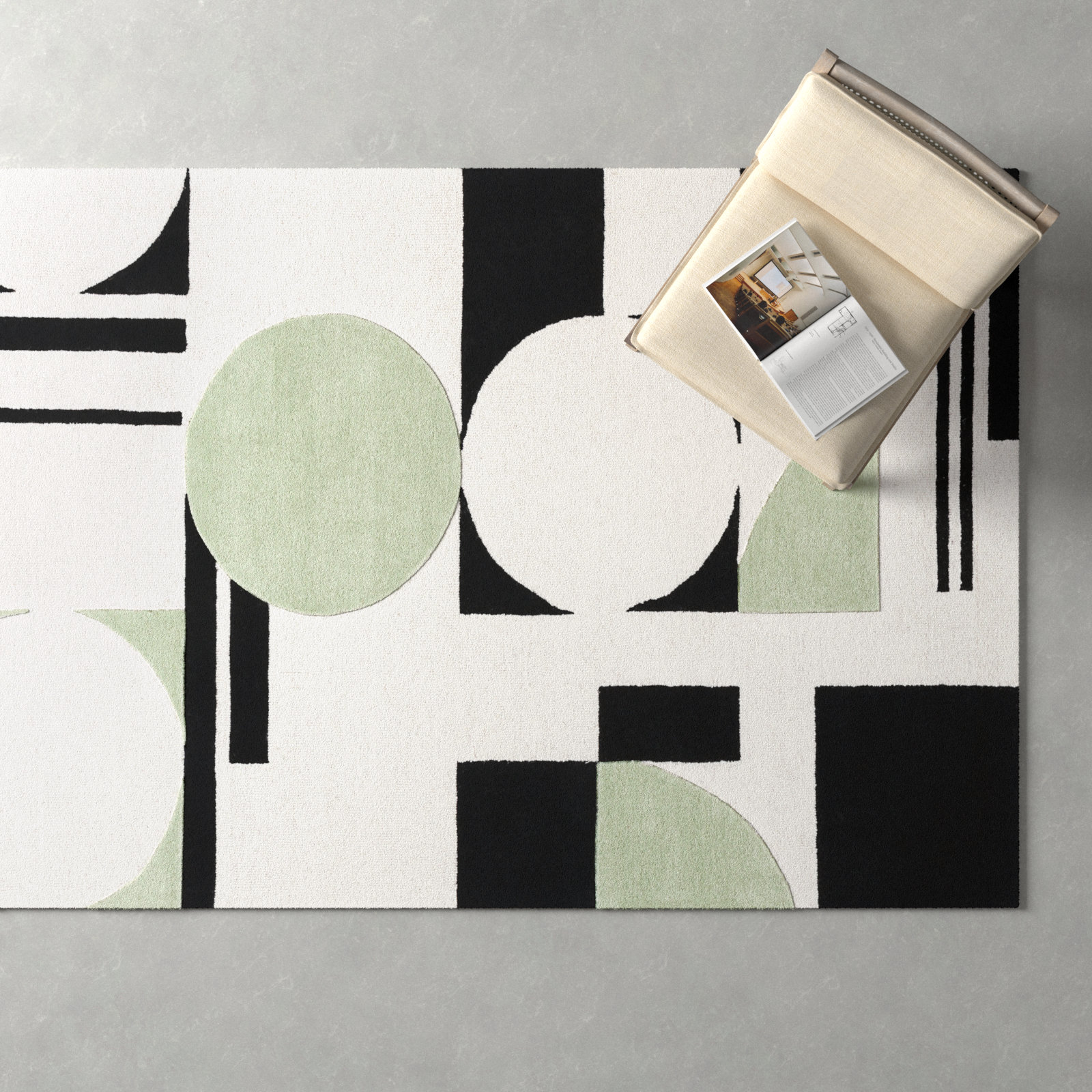 Felipe Green Black White Hand-Tufted Wool Rug, Rectangle 4' x 6'