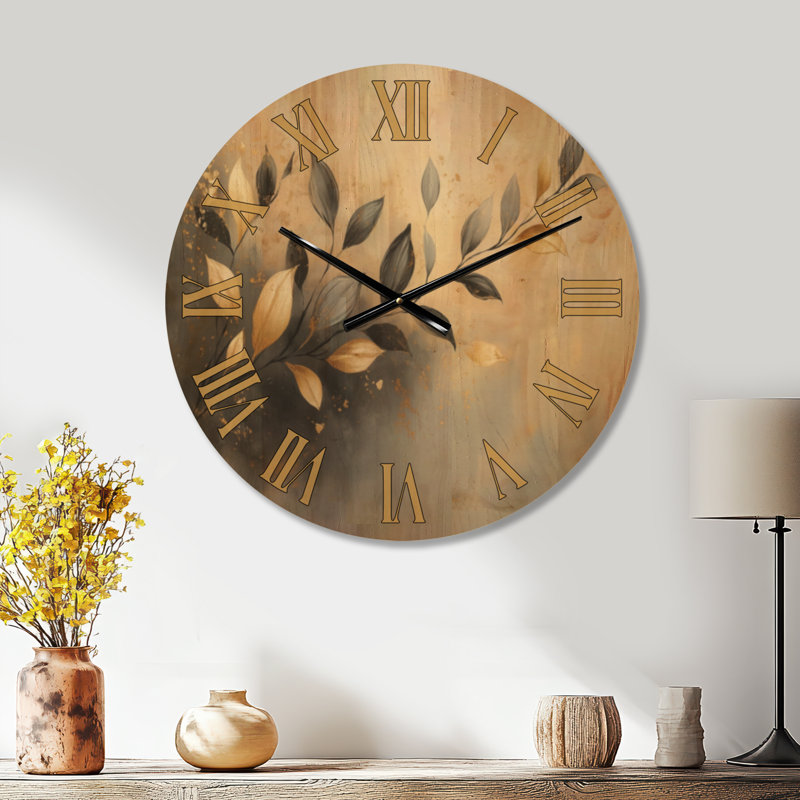 Horloge murale botanique ronde Golden Whisper Branch, impression sur bois, Medium