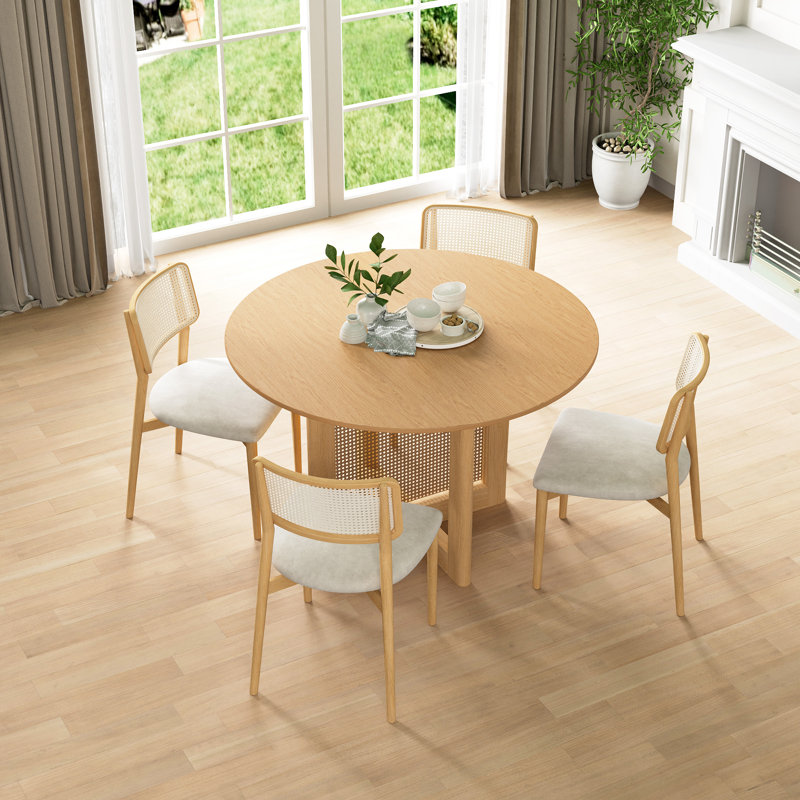 Round Solid Wood Dining Table with Rattan Pedestal, 30"H x 46"L x 46"W, Natural Wood