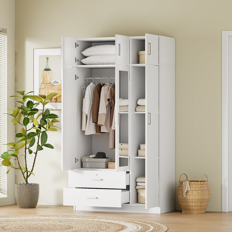 Armoire à miroir 3 portes avec 2 tiroirs et armoire supérieure, Blanc