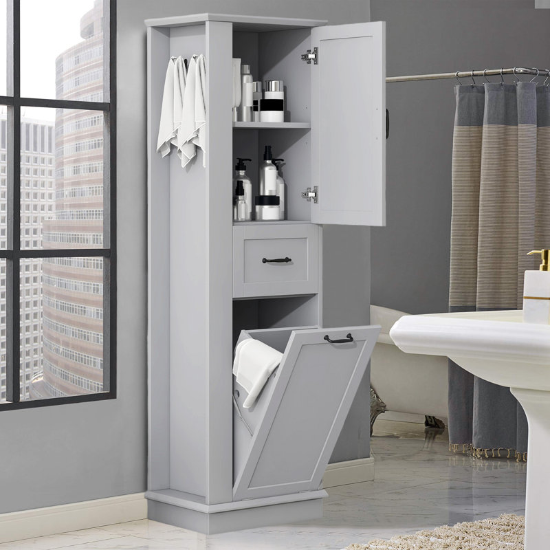 67.8" Tall Bathroom Cabinet with Laundry Basket – Adjustable Shelves, Durable Waterproof Finish, Space-Saving Organizer, Gray