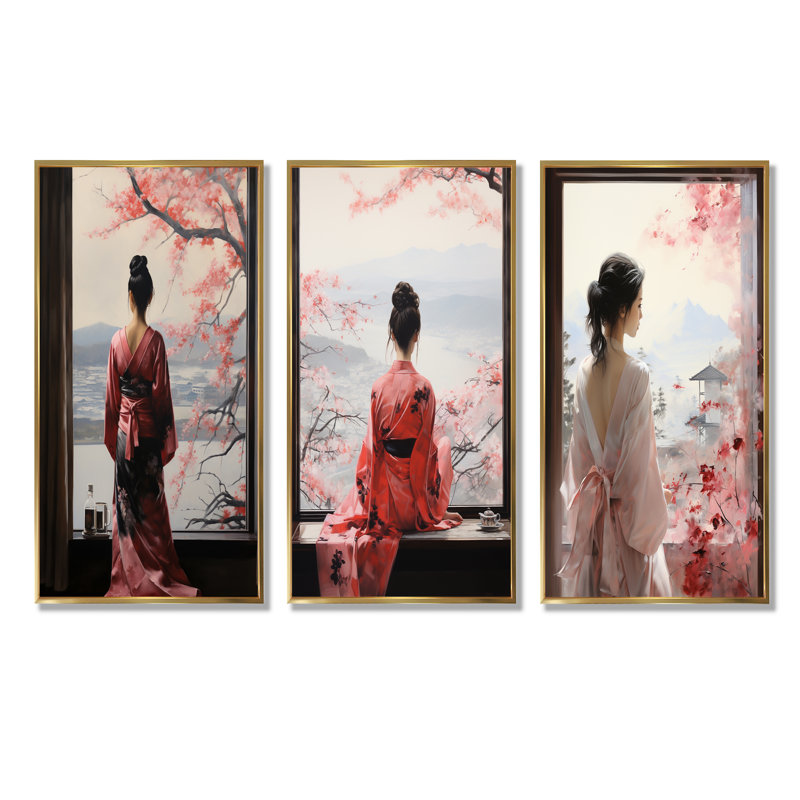 Ensemble de 4 décorations murales roses japonaises avec fenêtre, Cadre flottant doré, H 40 po x l 60 po