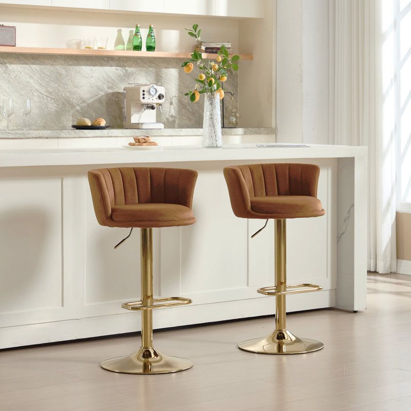 Ensemble de 2 tabourets de bar, avec repose-pieds chromé et base pivotante en velours à hauteur réglable et tabouret de bar simple doré - orange