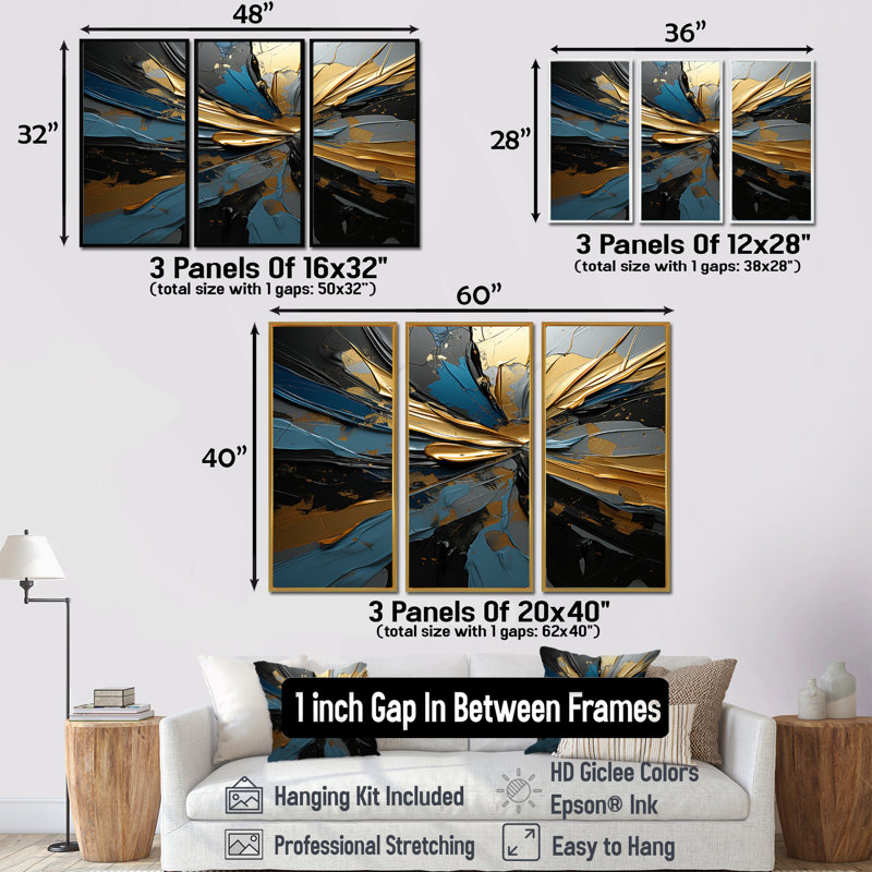 «Abstract Waves Blue Gold Outburst», ensemble de décorations murales abstraites, Cadre flottant doré