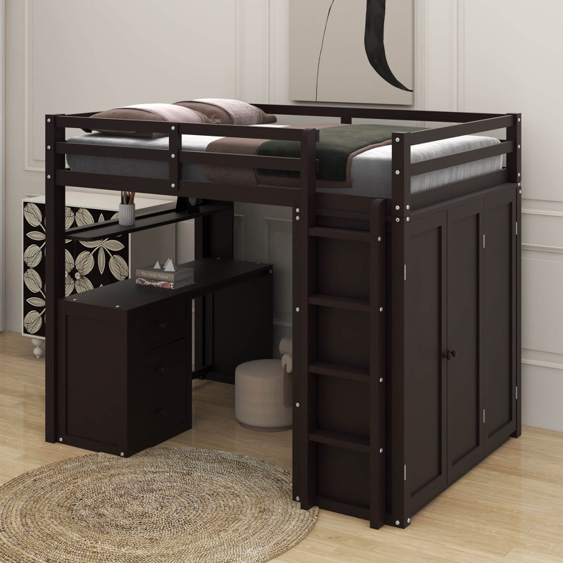 Full Size Loft Bed With Drawers,Desk And Wardrobe, Gray