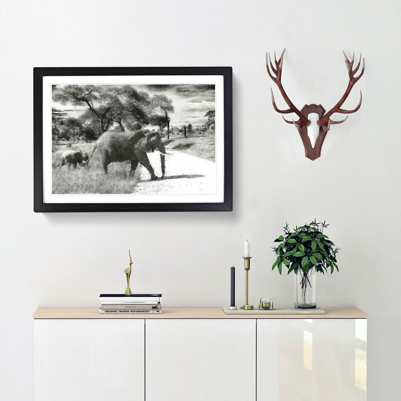Mother and Baby Elephant Strolling - Picture Frame Photograph Print, 24cm H x 33cm W x 2cm D, Black Framed
