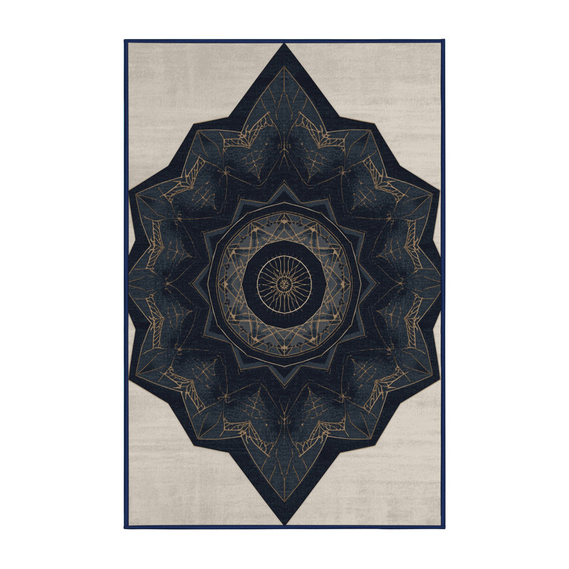 Soft Plush Hewson Sacred Geometry Mandala Global Inspired Geometric Area Rug in Gray – Navy Binding, 7x10