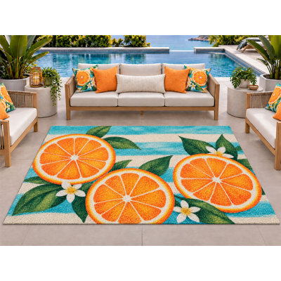 5’ x 7’ Outdoor Area Rug Tropical Orange Slices Citrus Blossoms Leaves, Heavyweight Waterproof PVC Coil Loop Carpet, Quick Dry Indoor Outdoor r Mat for Porch Deck Entryway Large Doormat