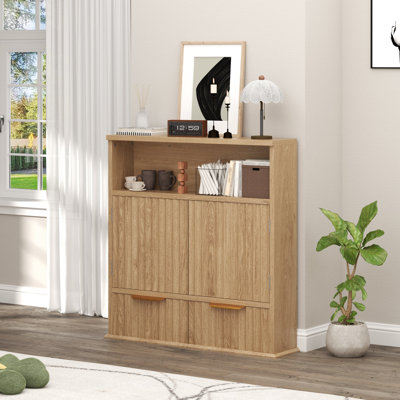 Fluted Bathroom Wall Cabinet With Drawers, Wooden Medicine Cabinet Organizer Over The Toilet, Wall Mounted Bathroom Storage Cabinet With Open Shelf For Bathroom, Kitchen, And Laundry Room (walnut)