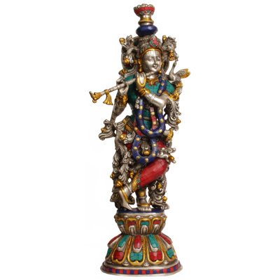 Handmade 24-Inch Brass Lord Krishna Statue Playing Flute | Intricately Crafted Indian Spiritual Sculpture for Home Decor