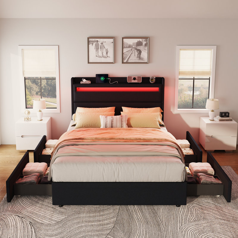 Berneil Upholstered Bed Frame with RGBW LED Lights Headboard & 4 Storage Drawers
