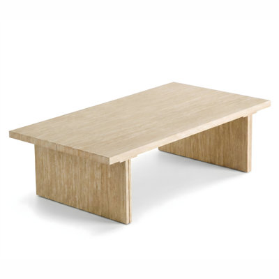 Modern Faux Travertine Rectangular Coffee Table, Split Top Center Table with Thick Slab Legs, Minimalist Beige Stone Look Cocktail Table for Wabi-Sabi Living Room
