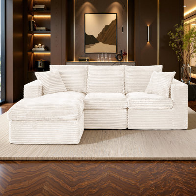 96" Wide Reversible Modular Boneless Corduroy Sectional Sofa with Chaise and Side Storage Pockets,White