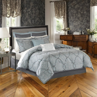 Ensemble d'édredon 12 pièces avec draps en coton et coussins décoratifs, jacquard damassé, bleu