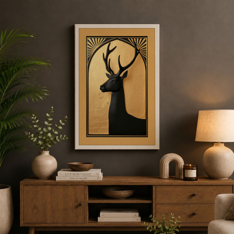 Deer in Gold Art Deco - Wrapped Canvas, 18x12 - 45.7 x 30.5 cm, Teal Border