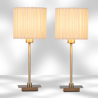 Pair (2x) Square Stick Antique Brass Metal Bedside Table Lamp 