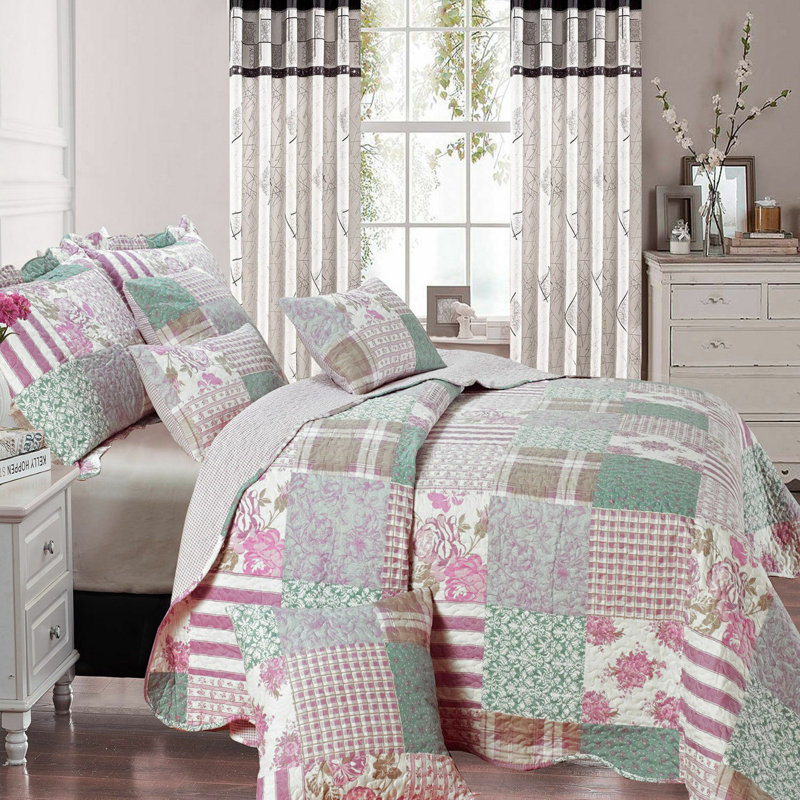 Printed Bedspread Set Floral Pattern with Matching Pillow Shams, Soft Microfiber Coverlet, Lightweight & All-Season Bedding