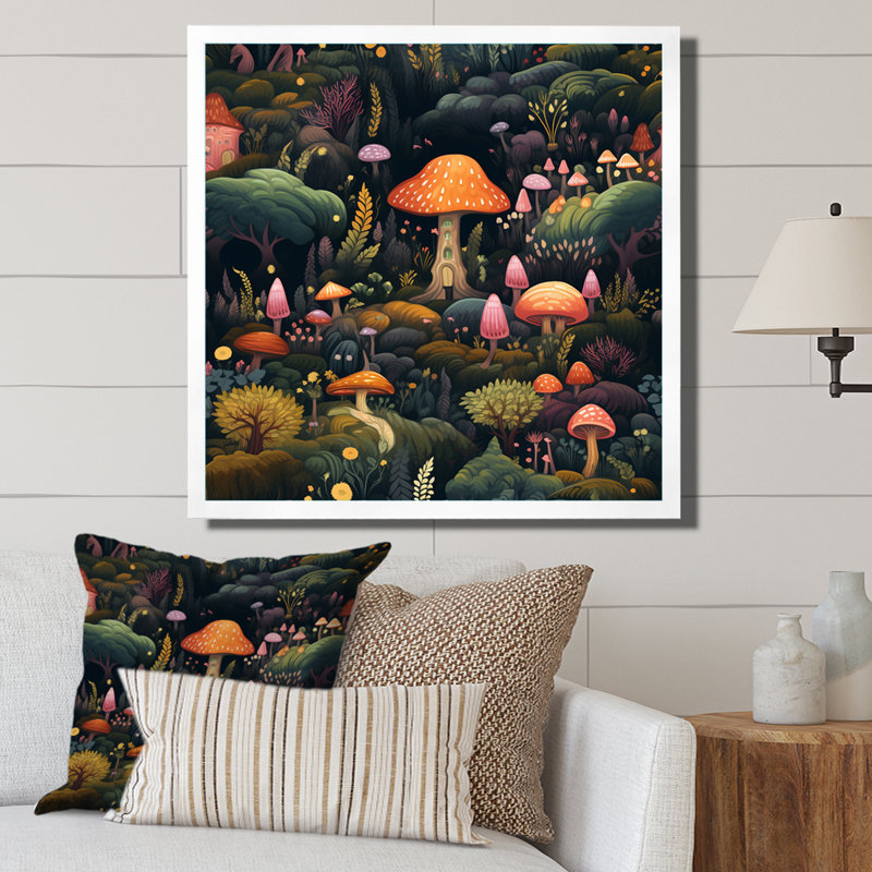 Magical Mushroom Enchanted Forest - Art mural champignon, Cadre simple blanc, H 24 po x l 24 po x P 1 po