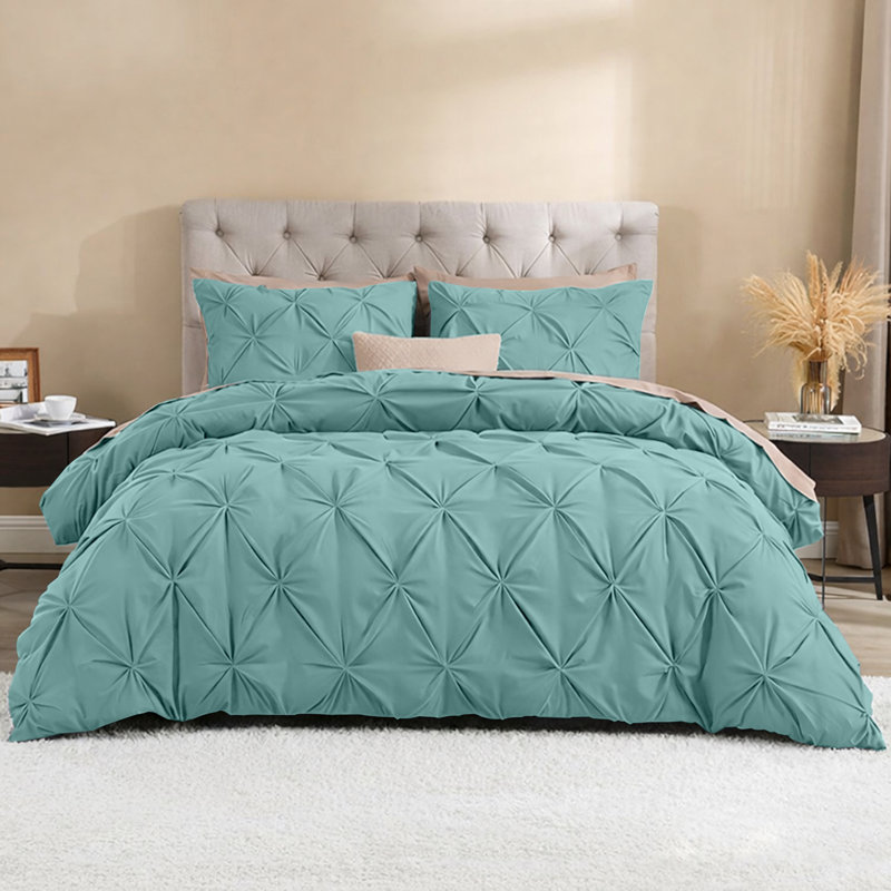 Luxurious Microfiber Pintuck Design Duvet Cover With Pillowcases , Double Duvet Cover + 2 Standard Pillowcases, Sage Green