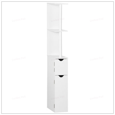 Grande armoire de rangement autoportante pour salle de bain avec 2 tablettes ouvertes et 2 armoires à portes, blanc, conception peu encombrante