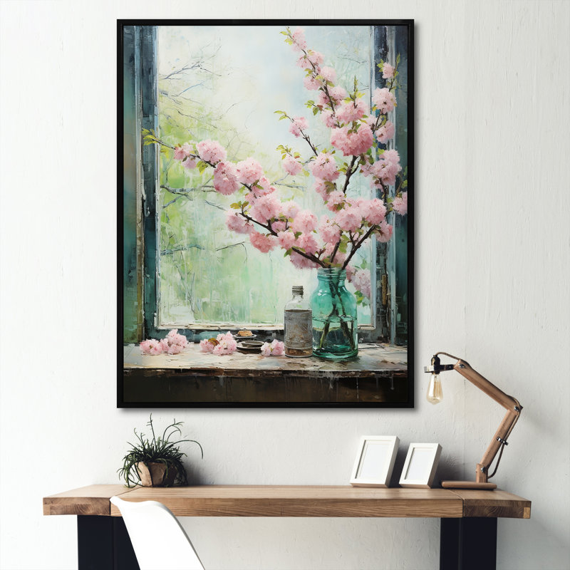 Fleurs roses du Japon, vue de fenêtre - Japon, art mural, Cadre flottant noir, H 32 po x l 16 po x P 1 po