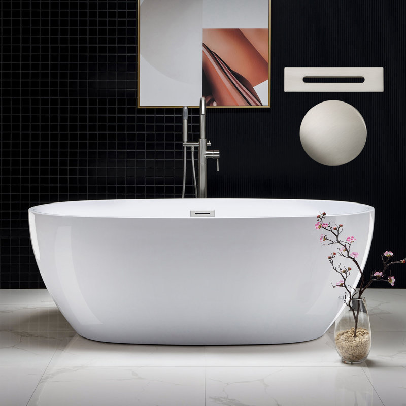 67" x 32" Freestanding Double Ended Soaking Acrylic Bathtub, White, Brushed Nickel