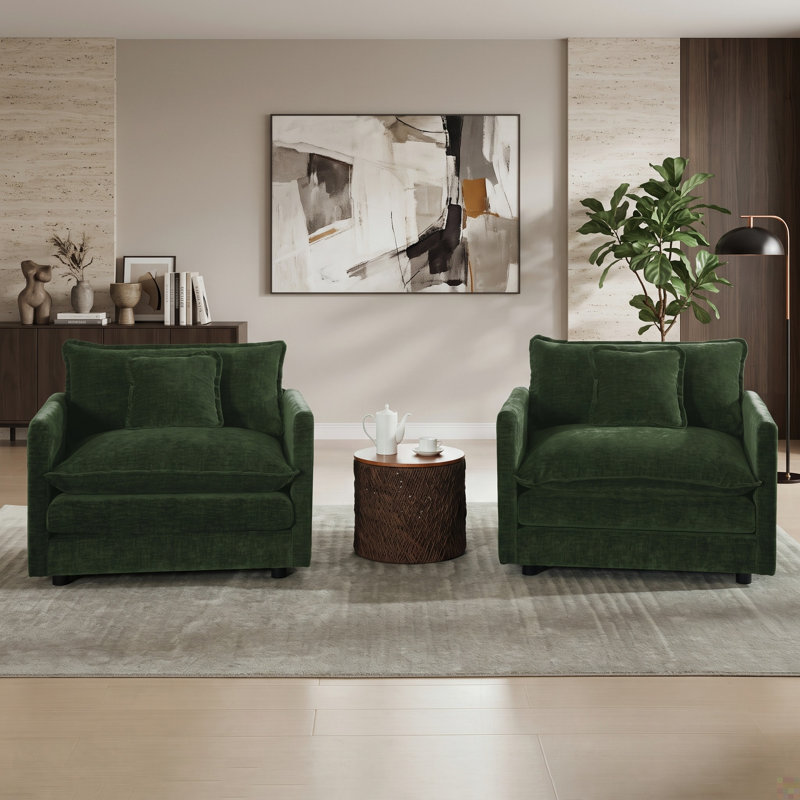 Ensemble de 2 chaises d'appoint surdimensionnées avec accoudoirs légèrement ajustés et coussins moelleux, vert foncé