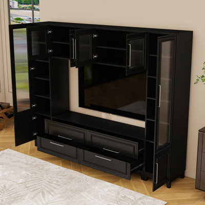 Modern Wall Unit Entertainment Center with Fluted Glass Cabinets and 4 Drawers