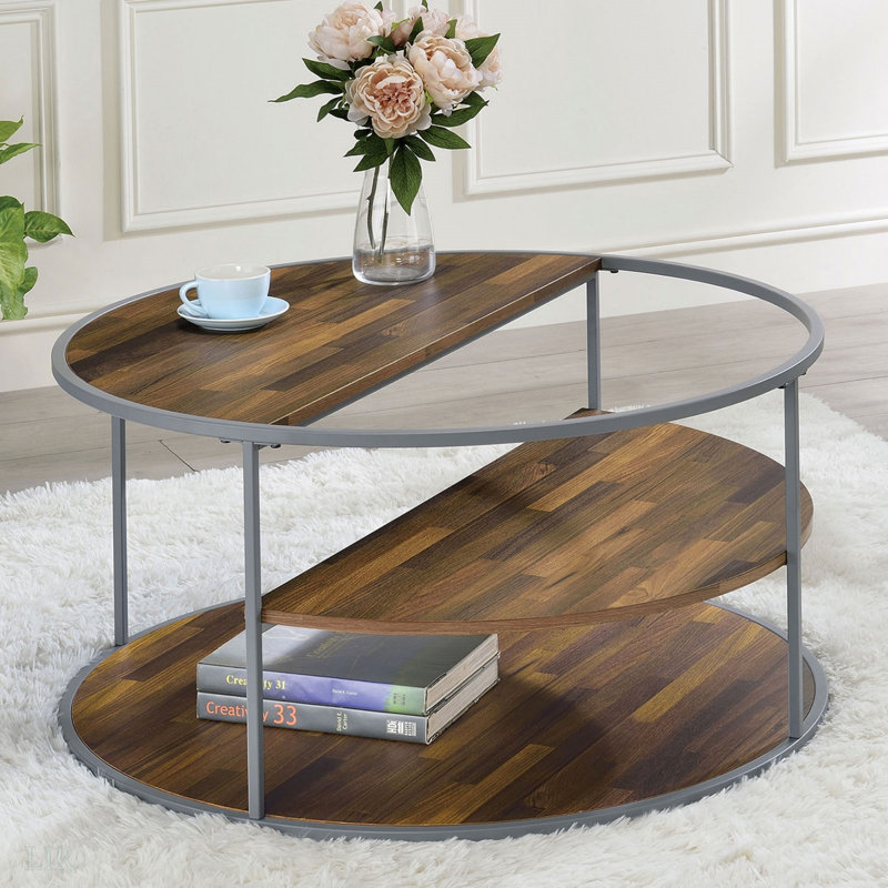 Table basse de conception unique avec demi-tablette supérieure et moyenne avec cadre thermolaqué et trois tablettes, table de bout à finition grise et noyer - non incluse, table de bout