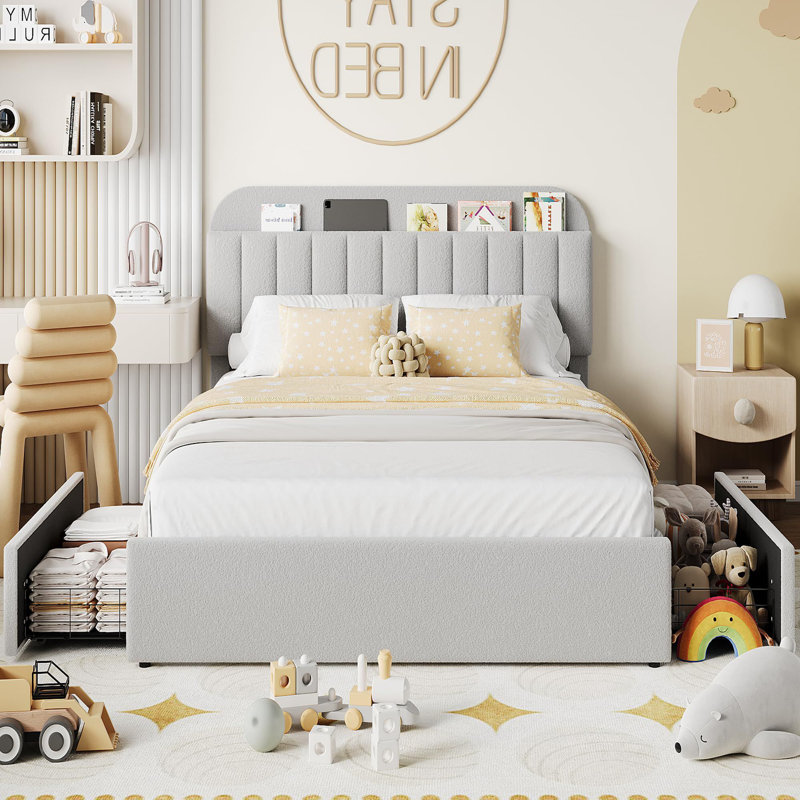 Bed Frame With Storage Headboard, 2 Drawers, gris, Grand